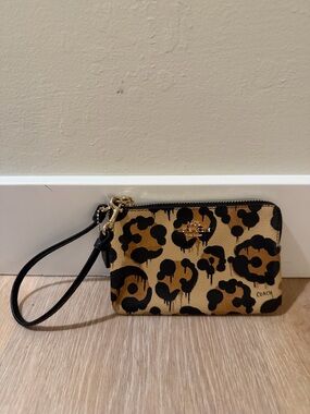 Coach Leopard-Print Wristlet in Tan and Black with Gold Hardware
